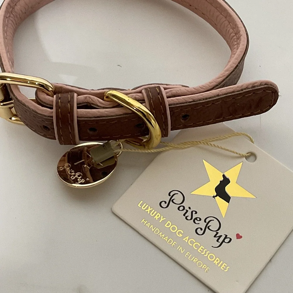Poise Pup Bella Rose Brown Pink Padded Leather Dog Collar Medium Gold Hardware